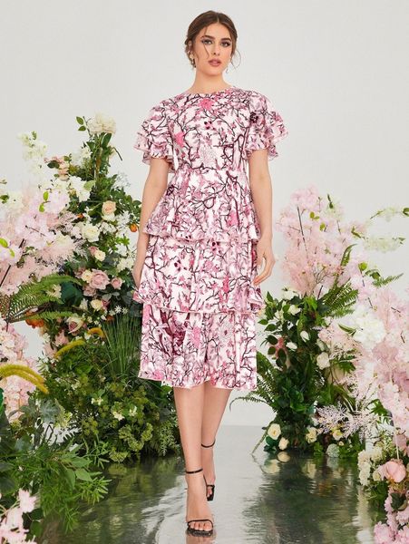 

butterfly sleeve layered hem floral dress q6on#, Black;gray