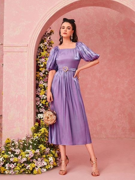 

puff sleeve belted dress 71ao#, Black;gray