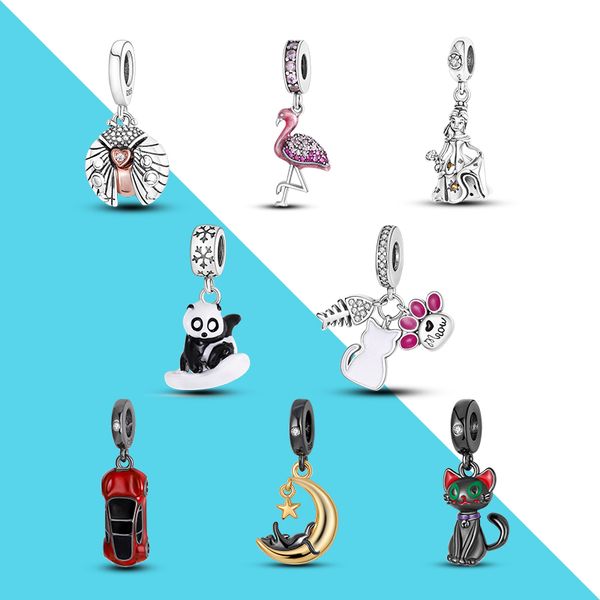 925 STERLING Gümüş Dangle Charm Araba Flamingo Prenses Lady Boncuk Boncuk Boncuk Pandora Charms Bilezik Diy Takı Aksesuarları