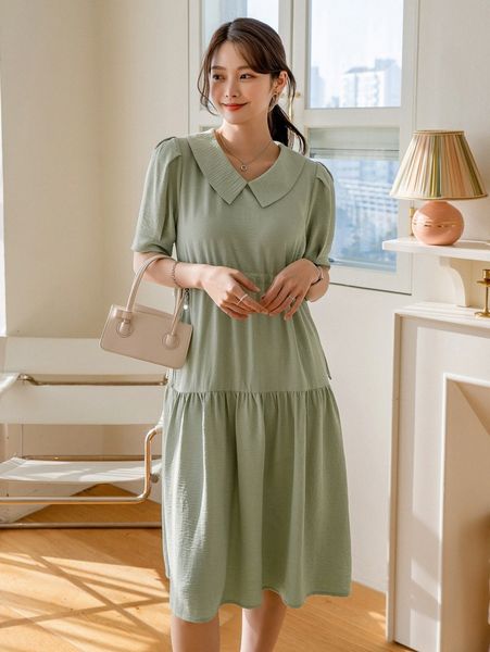 

dazy textured puff sleeve drawstring waist ruffle hem dress z35q#, Black;gray
