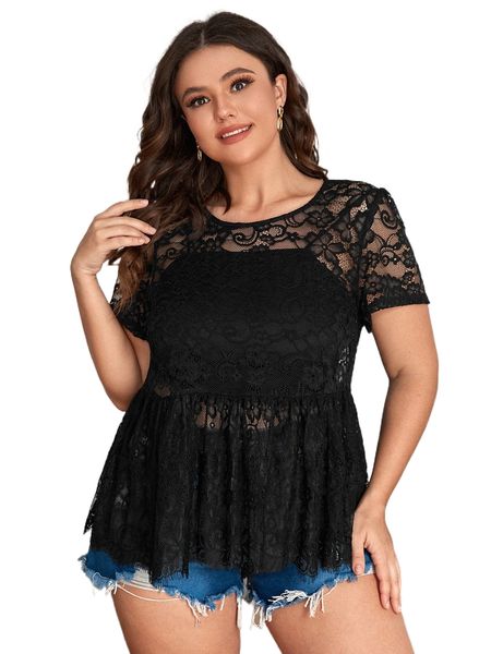 

plus lace peplum z9e7#, Black