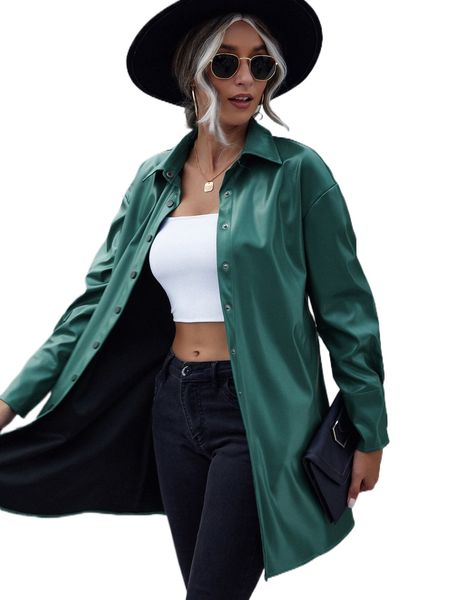 

drop shoulder belted pu leather coat v5ys#, Black