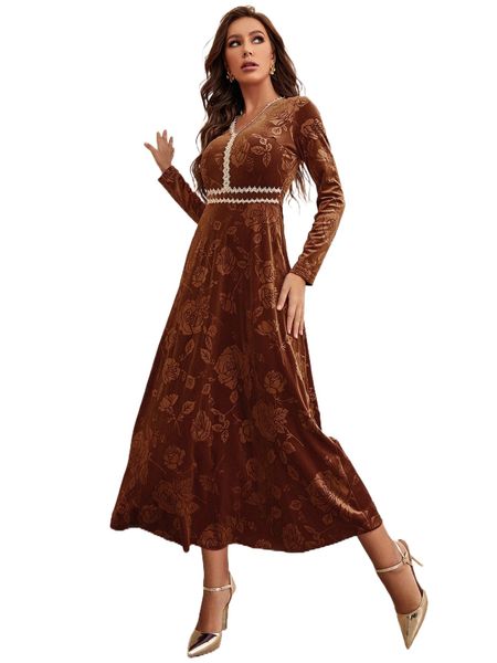 

floral jacquard guipure lace trim velvet dress 48vb#, Black;gray