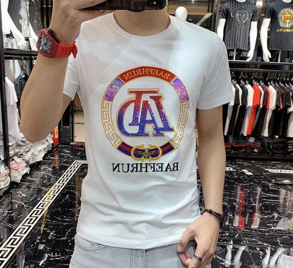 

men's t-shirts short-sleeved t-shirt men summer casual embroidered sequins high-quality alphabet round neck cotton men's slim bott, White;black
