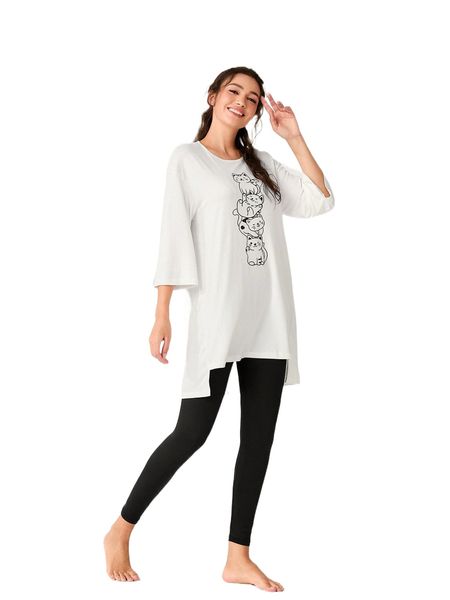 

cartoon graphic drop shoulder high low hem pj set 77wi#, Black;red