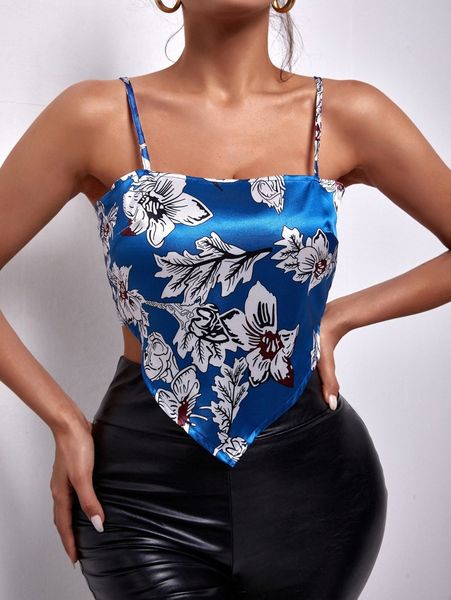 

floral print tie backless hanky hem satin cami 5168#, White