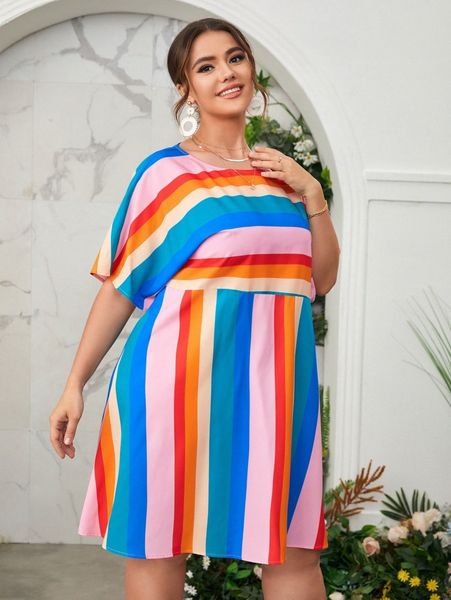 

plus rainbow striped print dolman sleeve dress 666v#, Black