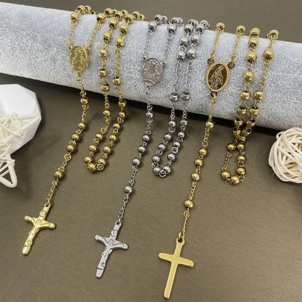 Collane con ciondolo Collana con rosario croce da 6 mm Catena religiosa classica Gioielli in acciaio inossidabile per uomini e donneCiondolo