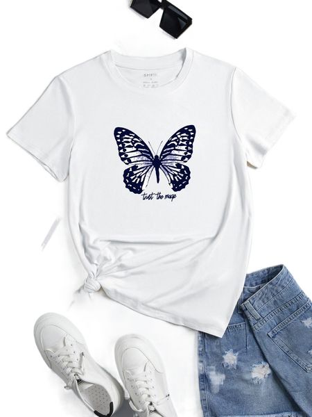 

slogan & butterfly print tee 03bo#, White