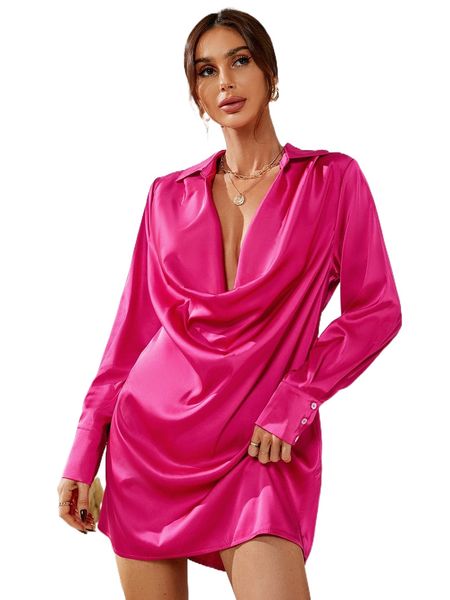 

cowl neck satin dress without chain belt s51w#, Black;gray