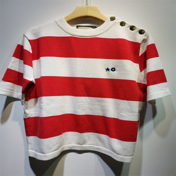 

327 2022 spring summer brand same style tees crew neck short sleeve striped red blue pullover sweater flora print sweater yuanf, White