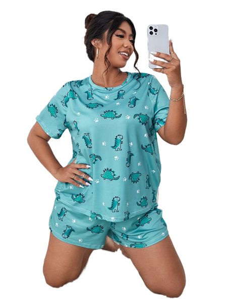 

plus paw & dinosaur print pj set w1m6#, Black;white