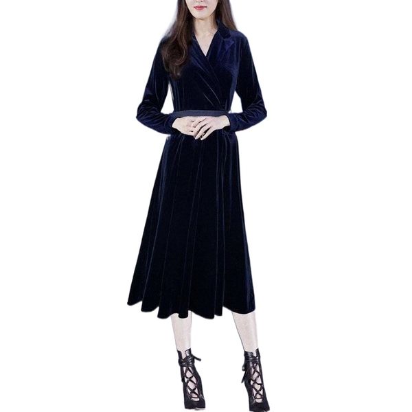

casual dresses 2022 autumn fashion design office lady dress women royal blue velvet long sleeve slim elegant vintage midi 04mg#, Black;gray