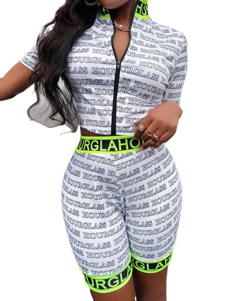 

letter graphic zip up jacket & biker shorts f8yu#, White