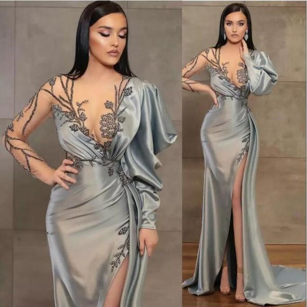 2022 Silbermantel mit langen Ärmeln Abendkleider tragen Illusion Kristall Perlen High Side Split bodenlangen Partykleid Ballkleider Open Back Robes De Soiree B0607X11