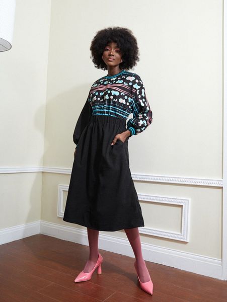 

x momi-ko striped and grid print hidden pocket wool-mix dress h84e#, Black;gray