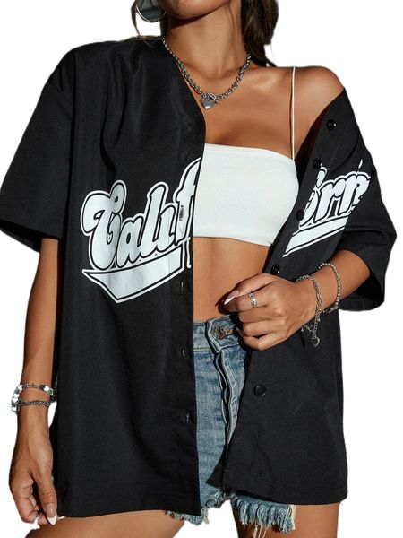 

buttoned front letter graphic blouse b4ri#, White