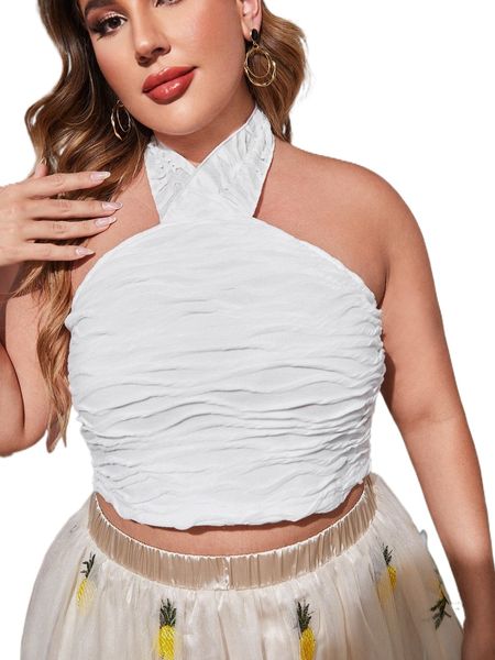 

plus backless knot textured halter e0de#, Black