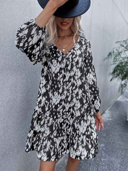 

allover print button up ruffle hem smock dress l4ir#, Black;gray