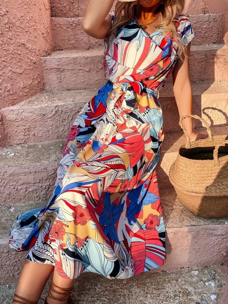 

floral print draped neck belted dress l2zn#, Black;gray