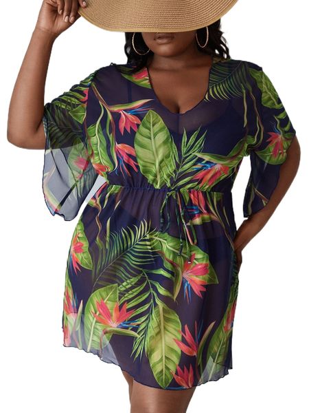 

plus tropical print knot front cover up dress without bikini x93m#, Black