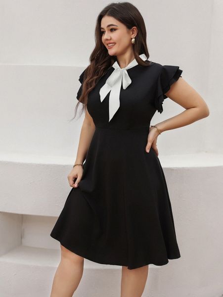 

plus contrast tie neck ruffle sleeve dress 184f#, Black