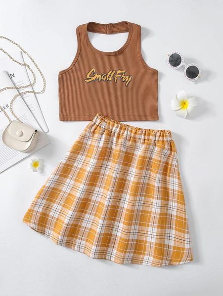

girls letter graphic ribbed knit halter & tartan skirt she, White