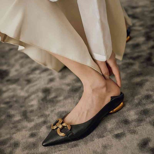 

sandals pointed flat heel middle mouth special-shaped metal fastener single shoes spring and summer korean version simple low bchf, Black