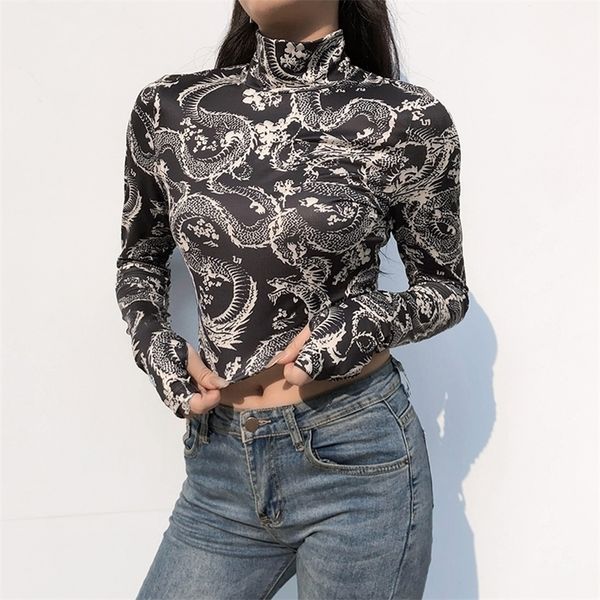 

goth dragon print y2k femme turtleneck womens tshirts clothing gothic aesthetic crop harajuku skinny long sleeve tee 210317, White