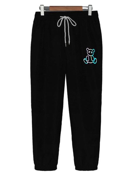 

men reflective bear print drawstring waist pants x6ug#, Black