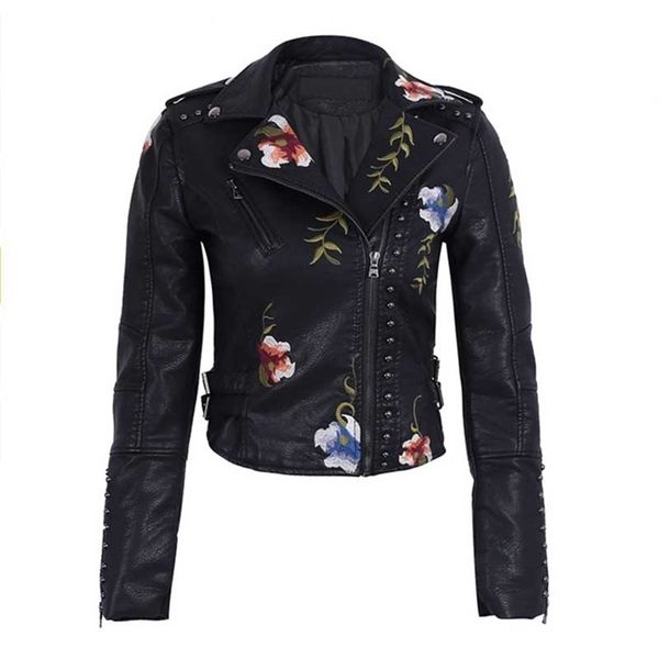 

ailegogo spring autumn flowers embroidery pu leather jacket women turn-down collar rivet zipper black biker coats clothes 210923
