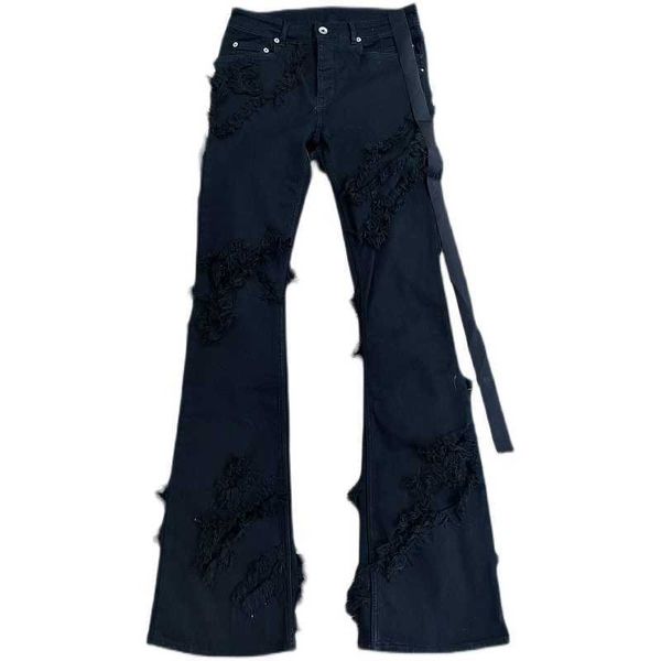 

men's jeans torch self erosion and great damage fur whisker trim elastic leg long horn pants ro dark style, Blue