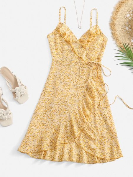 

ruffle trim wrap tie side ditsy floral cami dress q4ic#, Black;gray