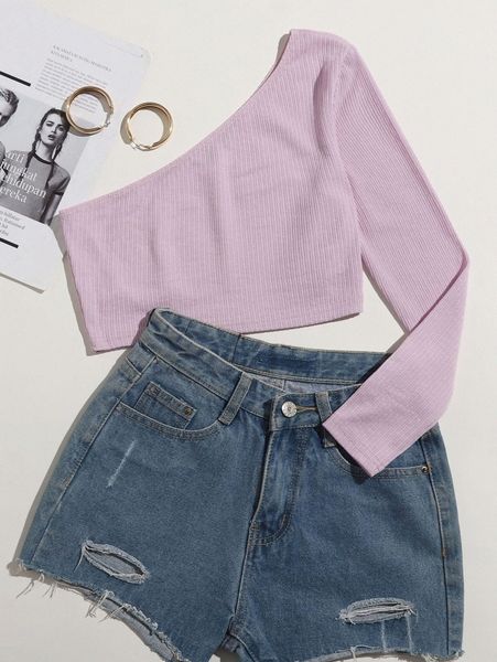 

one shoulder rib-knit crop tee o0uv#, White