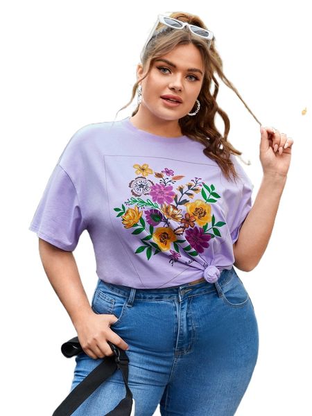 

plus floral print drop shoulder tee i0hg#, Black
