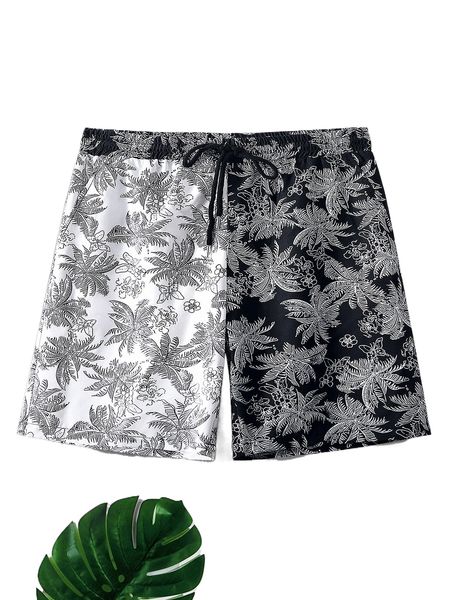 

men random plant and butterfly print two tone shorts z5sb#, White;black