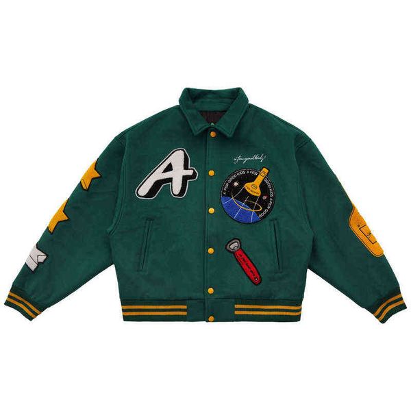 

baseball jacket men green rocket embroidered patch bomber college style harajuku casual loose couple streetwear t220728, Black;brown