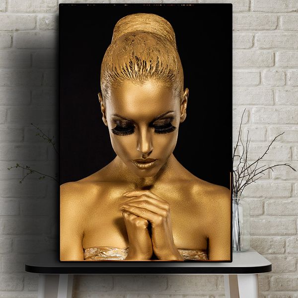 Decorazione da parete Art Black Gold Nude African Art Woman Dipinto ad olio su tela Poster e stampe Scandinavo Cuadros Immagine da parete per soggiorno Camera da letto