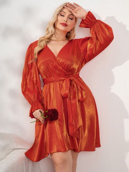 

plus overlap collar flounce sleeve belted metallic dress d2cw#, Black