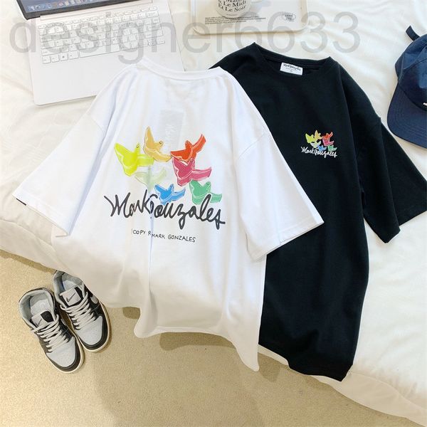 

women's t-shirt designer summer korean chao brand banana flying man print men's and loose short sleeve 433e, White