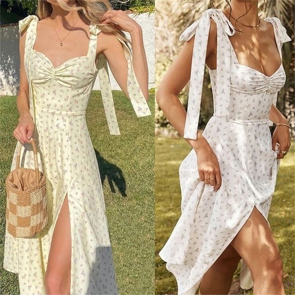 Verão Primavera Floral Dres Sexy Casual Moda Sundress Midi Slip Backless Plissado Slit Branco Amarelo Lace-up Flores 220321