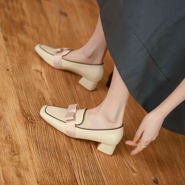 

sandals spring simple thick heel square head lefu shoes korean bow middle mouth one foot comfortable single shoe women kpar, Black