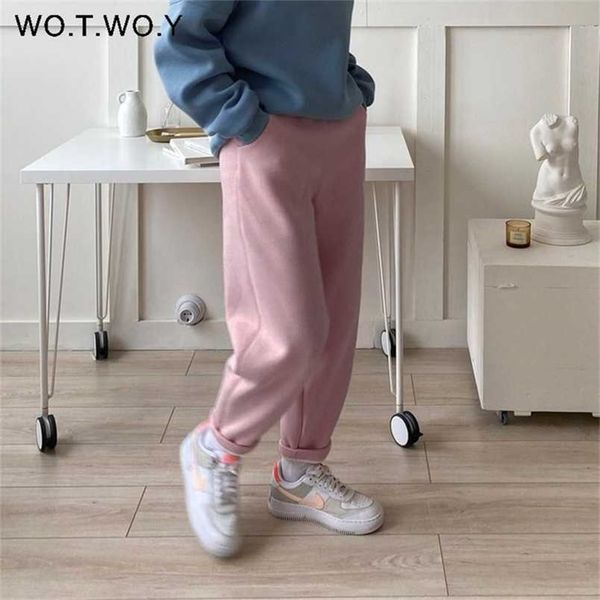 

wotwoy autumn winter thick fleece sweatpants women drawstring high waist flocking trousers female casual solid warm pants 211218, Black;white