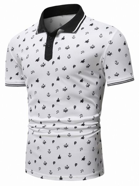 

men anchor & palm tree print striped trim polo shirt z0nj#, White;black
