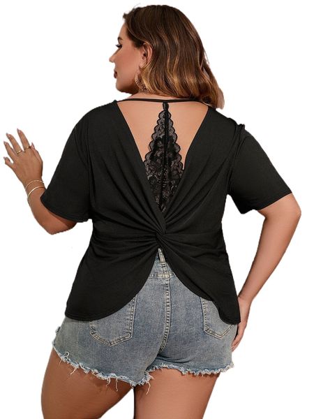 

plus contrast lace twist back tee j1x3#, Black