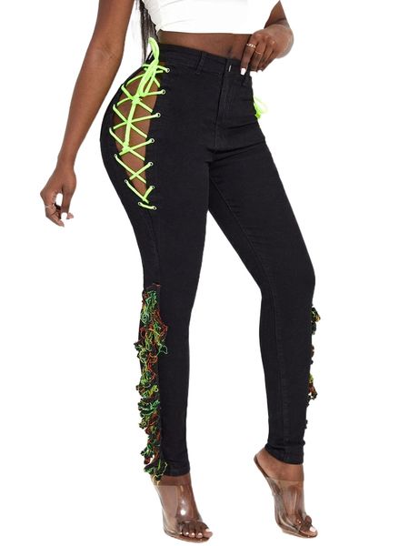 

sxy cut out lace up side fringe trim skinny jeans e3ex#, Blue