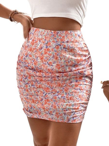 

allover floral print ruched bodycon skirt 20up#, Black