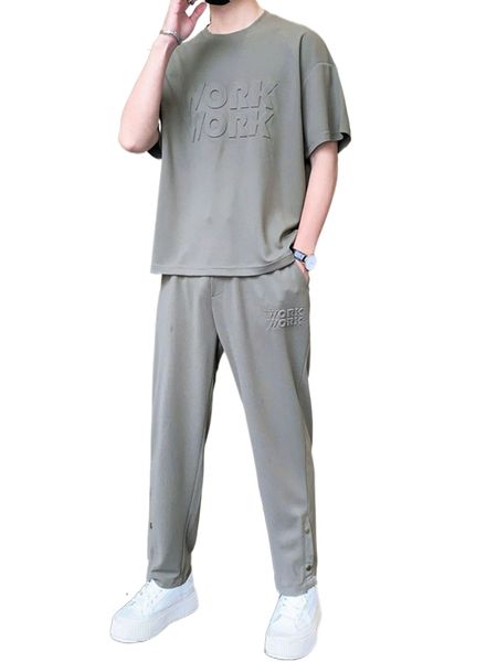 

men letter print drop shoulder tee & pants y2ra#, Gray