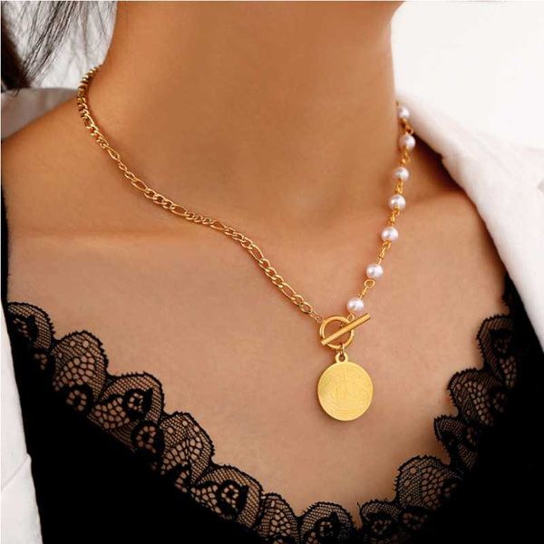 Anhänger Halsketten Edelstahl und Kupfer Mode Edlen Schmuck Perlen Runde Münze Glatte Segeln Choker Charms Kette Für FrauenAnhänger