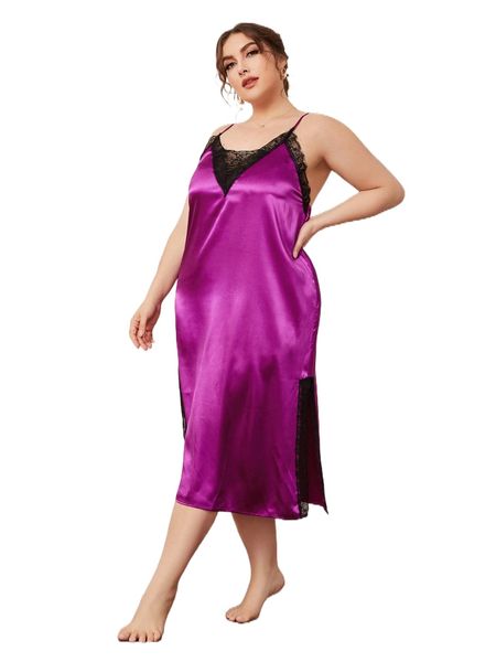 

plus eyelash lace panel backless satin cami night dress k7gx#, Black;white